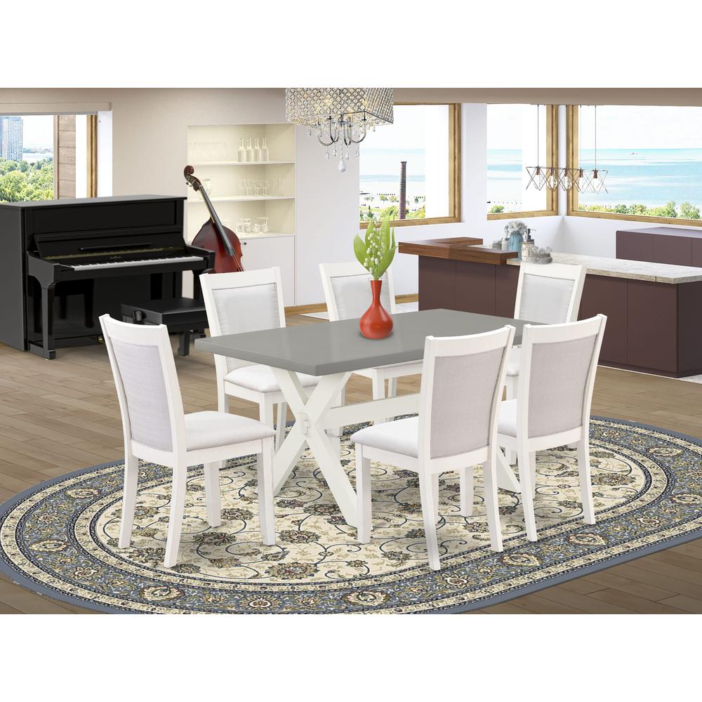 East West Furniture 7-Piece Table Set Includes a Wooden Kitchen Table and 6 Cream Linen Fabric Modern Dining Chairs with Stylish Back - Wire Brushed Linen White Finish. Picture 1