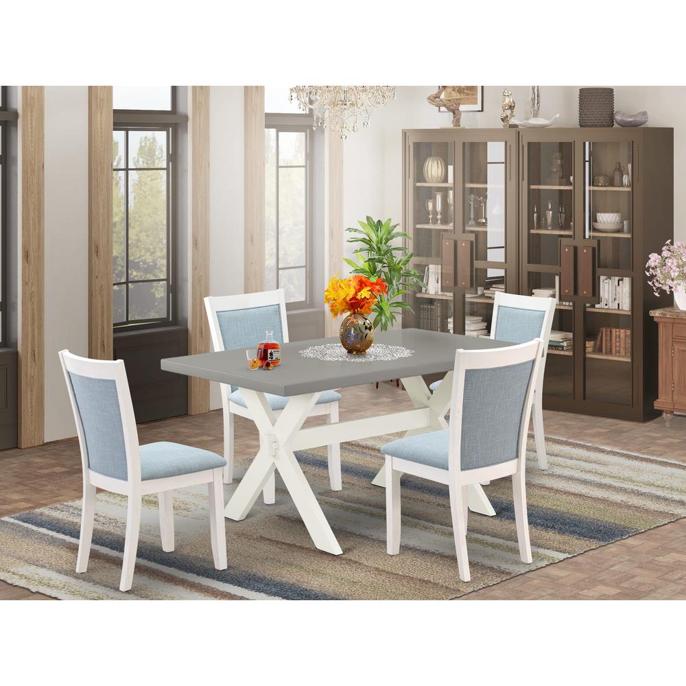 East West Furniture 5-Piece Kitchen Table Set Includes a Wooden Table and 4 Baby Blue Linen Fabric Dining Room Chairs with Stylish Back - Wire Brushed Linen White Finish. Picture 1