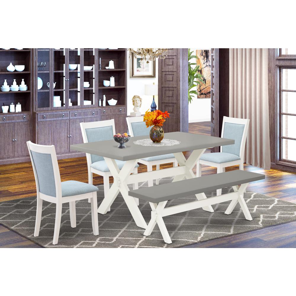 East West Furniture 6-Piece Kitchen Table Set Includes a Dinner Table - 4 Baby Blue Linen Fabric Parson Chairs with Stylish Back and a Dining Bench - Wire Brushed Linen White Finish. Picture 1