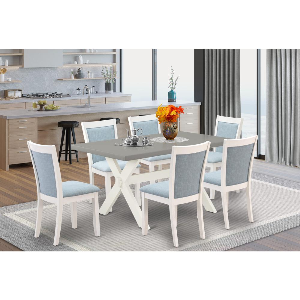 East West Furniture 7-Piece Dining Room Set Includes a Wooden Table and 6 Baby Blue Linen Fabric Upholstered Dining Chairs with Stylish Back - Wire Brushed Linen White Finish. Picture 1