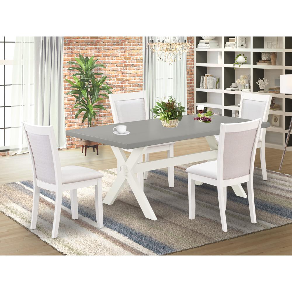 East West Furniture 5-Pc Dining Room Set Consists of a Wooden Table and 4 Cream Linen Fabric Mid Century Dining Chairs with Stylish Back - Wire Brushed Linen White Finish. Picture 1