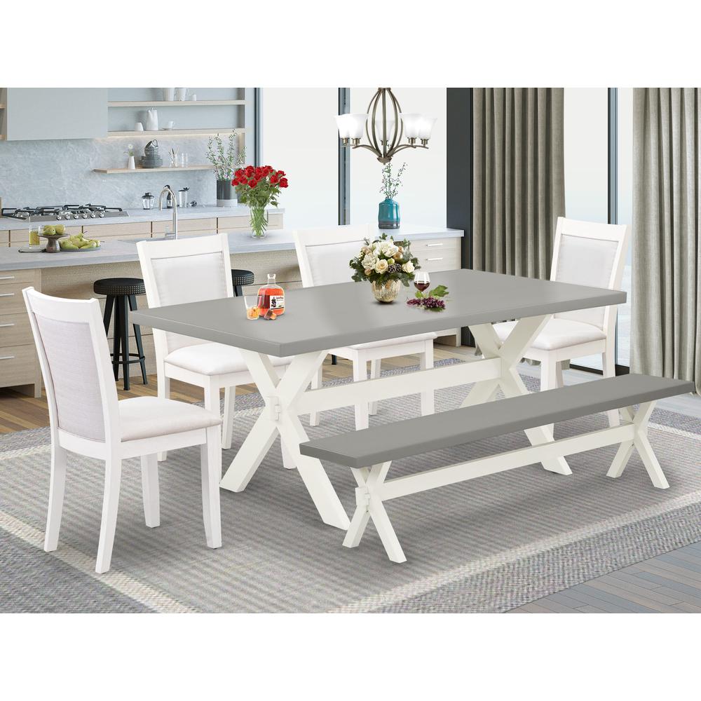 East West Furniture 6-Pc Dining Room Set Consists of a Dinning Table - 4 Cream Linen Fabric Dining Chairs with Stylish Back and a Small Bench - Wire Brushed Linen White Finish. Picture 1