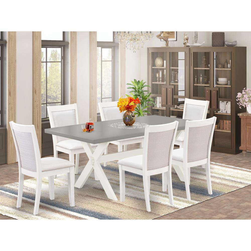 East West Furniture 7-Pc Modern Dining Set Consists of a Dining Room Table and 6 Cream Linen Fabric Upholstered Chairs with Stylish Back - Wire Brushed Linen White Finish. Picture 1
