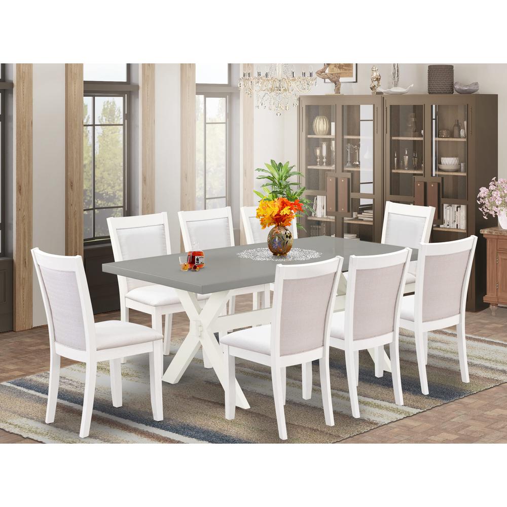 East West Furniture 9-Pc Dinner Table Set Consists of a Dining Room Table and 8 Cream Linen Fabric Dining Room Chairs with Stylish Back - Wire Brushed Linen White Finish. Picture 1