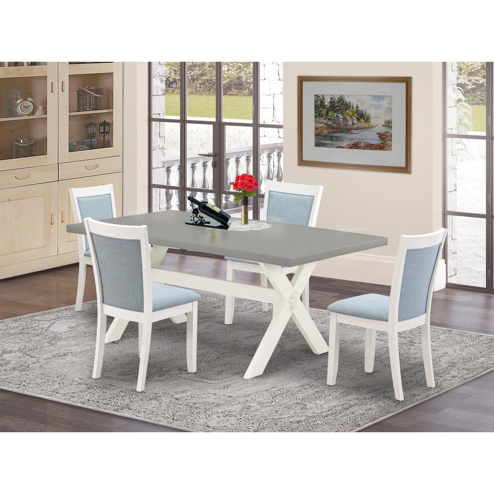 East West Furniture 5-Pc Modern Dining Table Set Consists of a Wooden Kitchen Table and 4 Baby Blue Linen Fabric Parson Dining Chairs with Stylish Back - Wire Brushed Linen White Finish. Picture 1