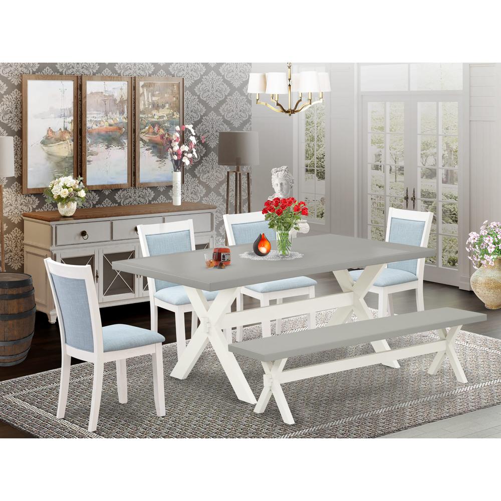 East West Furniture 6-Pc Dining Table set Consists of a Modern Dining Table - 4 Baby Blue Linen Fabric Dinner Chairs with Stylish Back and a Wooden Bench - Wire Brushed Linen White Finish. Picture 1