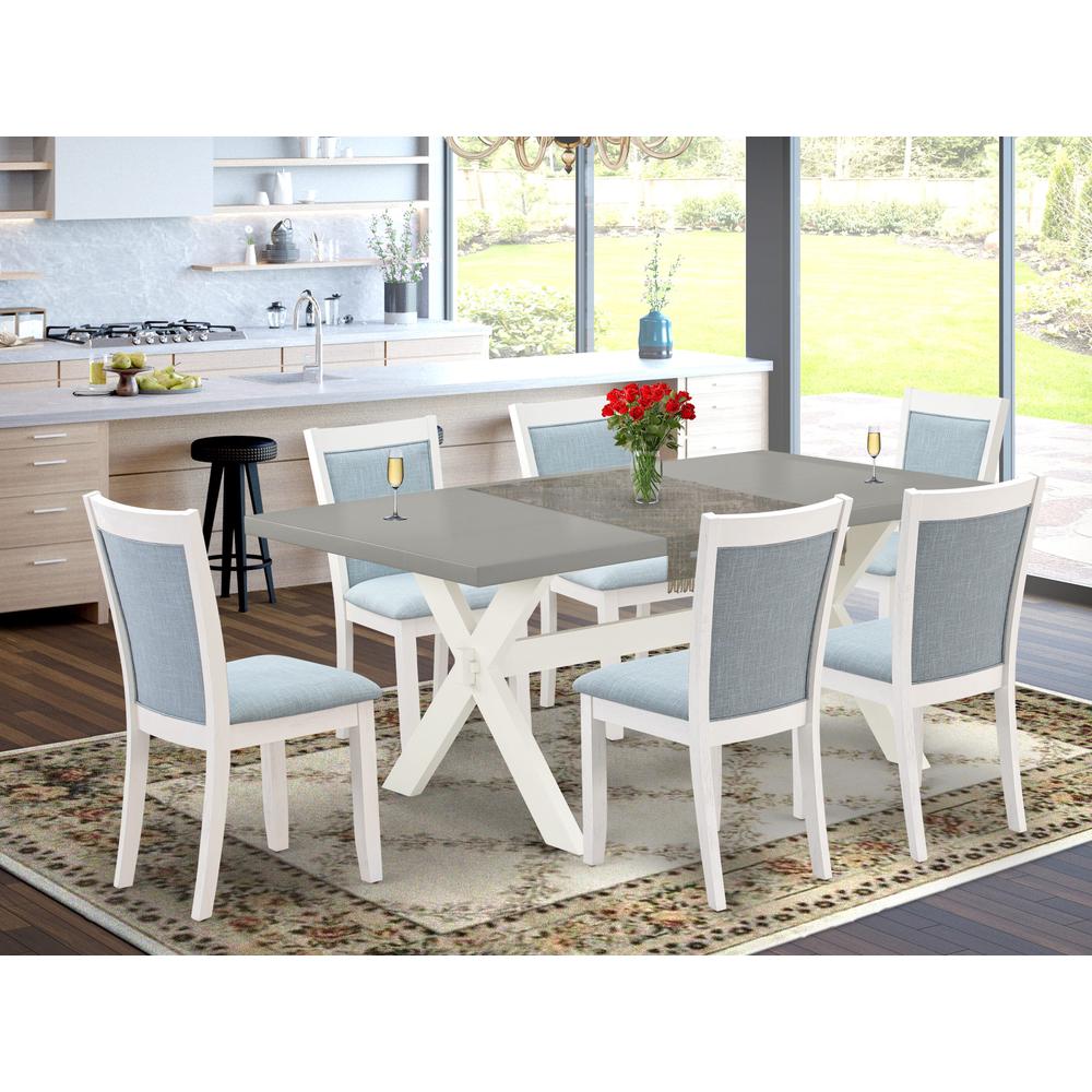 East West Furniture 7-Pc Table Set Consists of a Mid Century Table and 6 Baby Blue Linen Fabric Upholstered Chairs with Stylish Back - Wire Brushed Linen White Finish. Picture 1