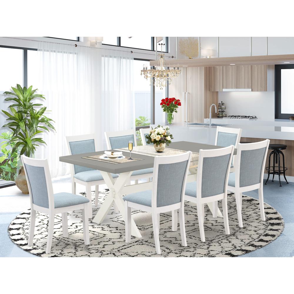 East West Furniture 9-Pc Kitchen Dining Table Set Consists of a Rectangular Dining Table and 8 Baby Blue Linen Fabric Dining Chairs with Stylish Back - Wire Brushed Linen White Finish. Picture 1