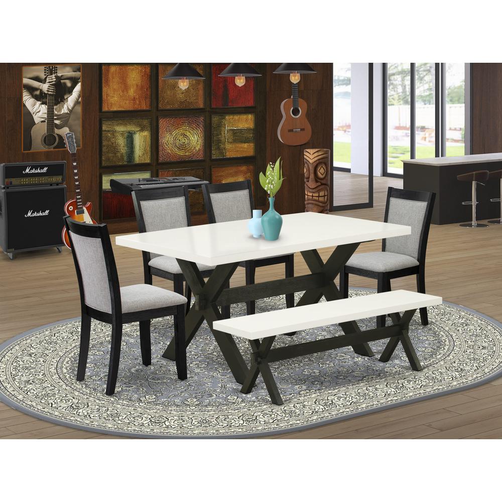 X626MZ606-6 6 Pc Kitchen Table Set - Linen White Table with a Rustic Bench and 4 Shitake Dining Chairs - Wire Brushed Black Finish. Picture 1