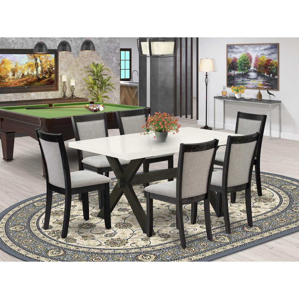 X626MZ606-7 7 Pc Dining Table Set - Linen White Wooden Dining Table with 6 Shitake Dinning Chairs - Wire Brushed Black Finish. Picture 1