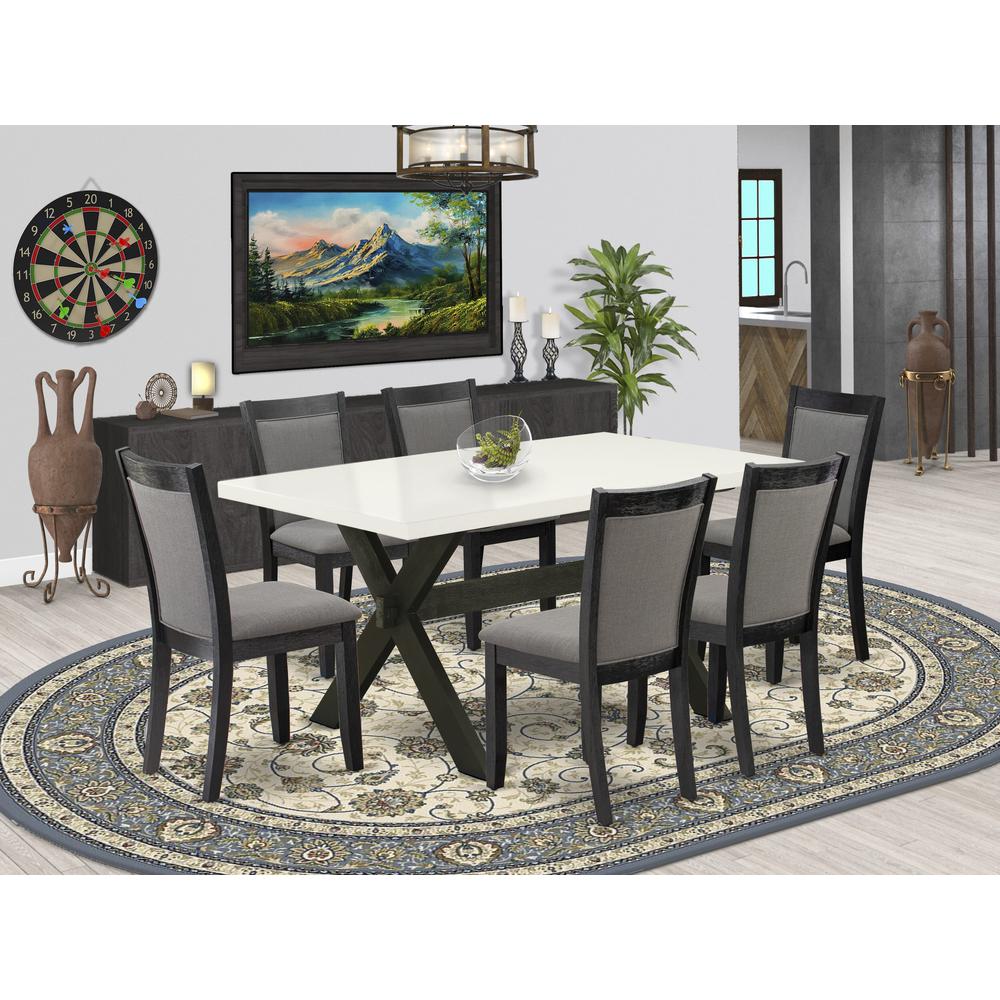 X626MZ650-7 7 Pc Dining Set - Linen White Dining Table with 6 Dark Gotham Grey Chairs - Wire Brushed Black Finish. Picture 1