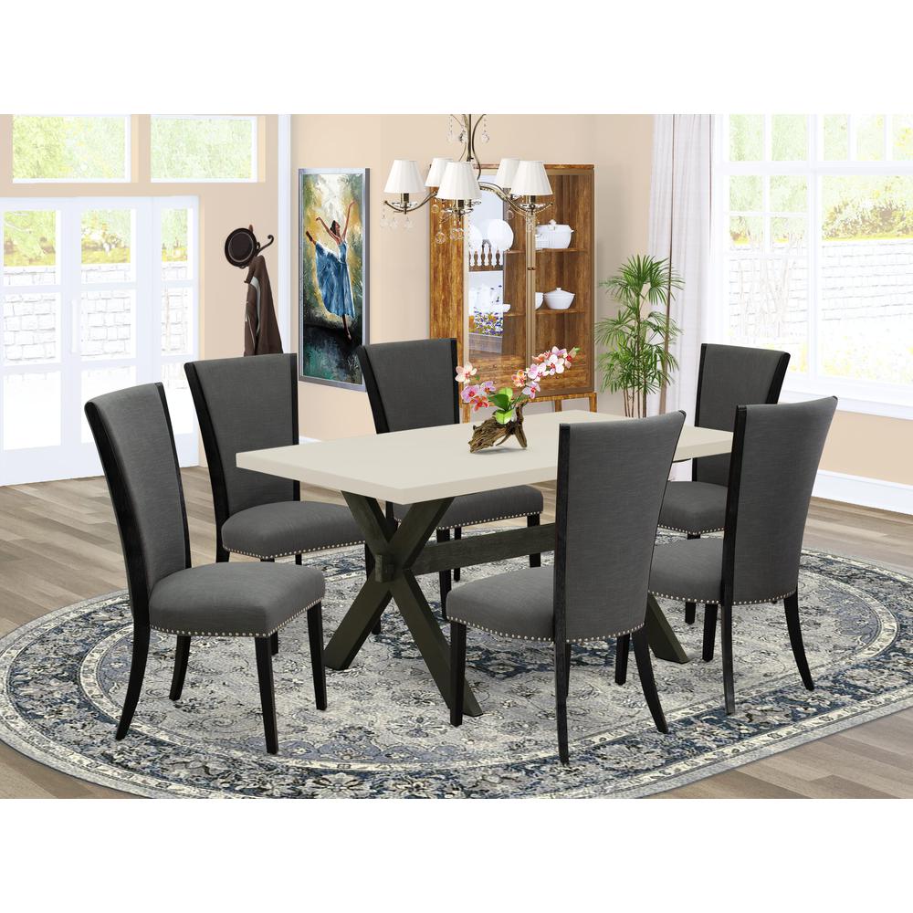 East West Furniture 7 Pc Dinner Table Set Consists of a Linen White Modern Kitchen Table and 6 Dark Gotham Grey Linen Fabric Dining Chairs with High Back - Wire Brushed Black Finish. Picture 1