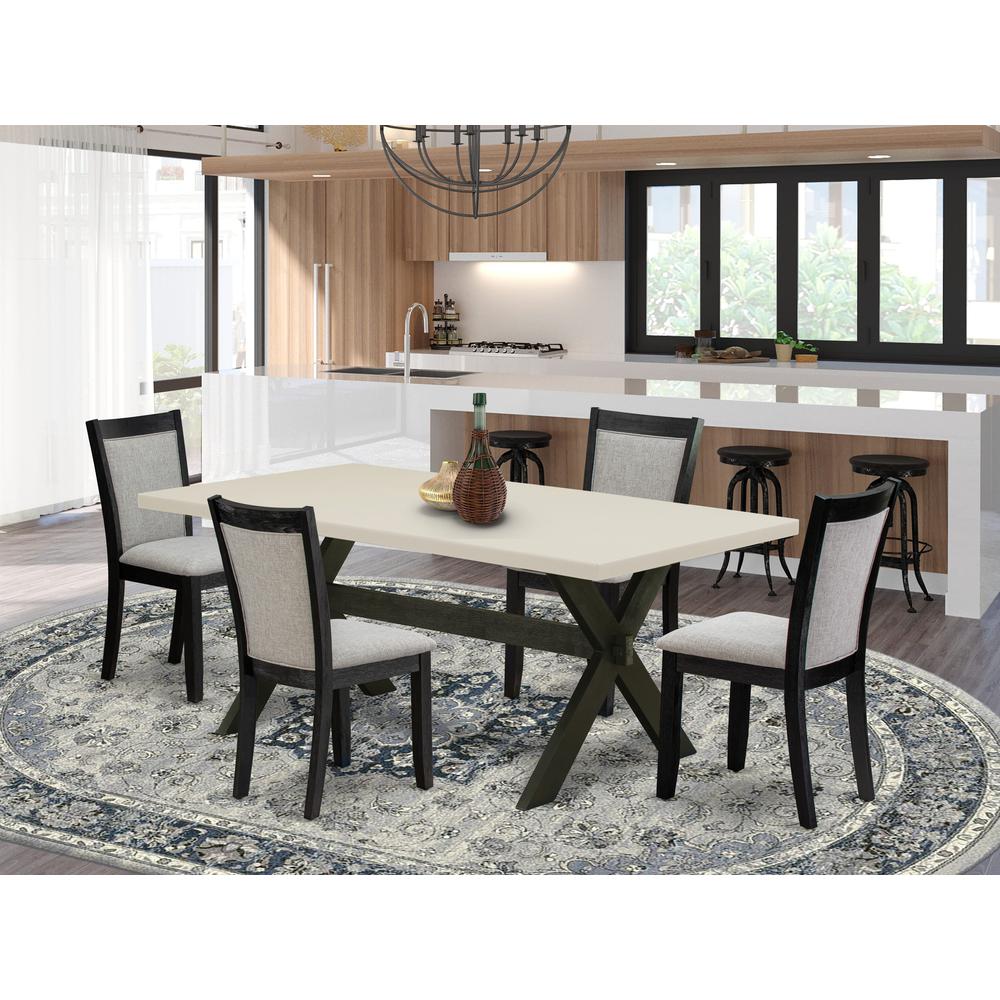 East West Furniture 5 Piece Dining Set - Linen White Top Wood Dining Table with Trestle Base and 4 Shitake Linen Fabric Parson Chairs - Wire Brushed Black Finish. Picture 1
