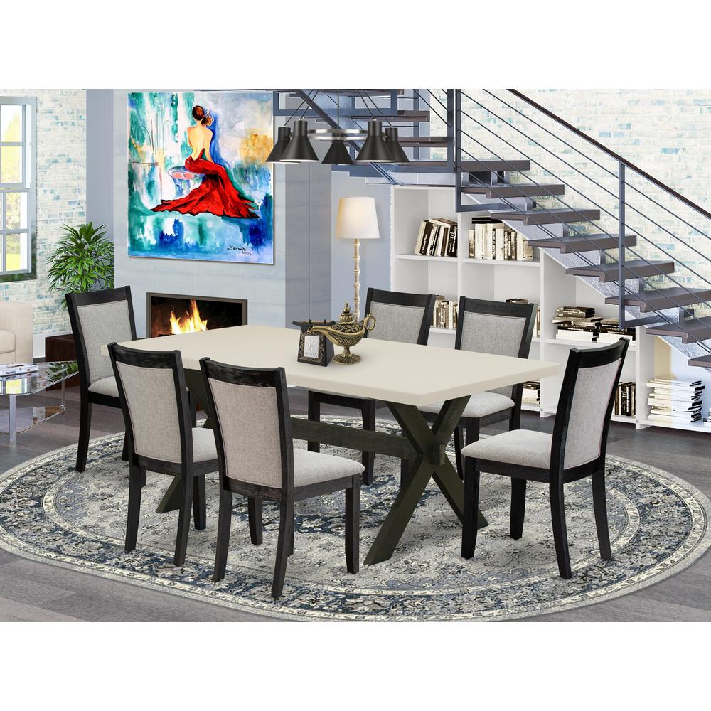 East West Furniture 7 Piece Table Set - Linen White Top Wooden Table with Trestle Base and 6 Shitake Linen Fabric Kitchen Chairs - Wire Brushed Black Finish. Picture 1