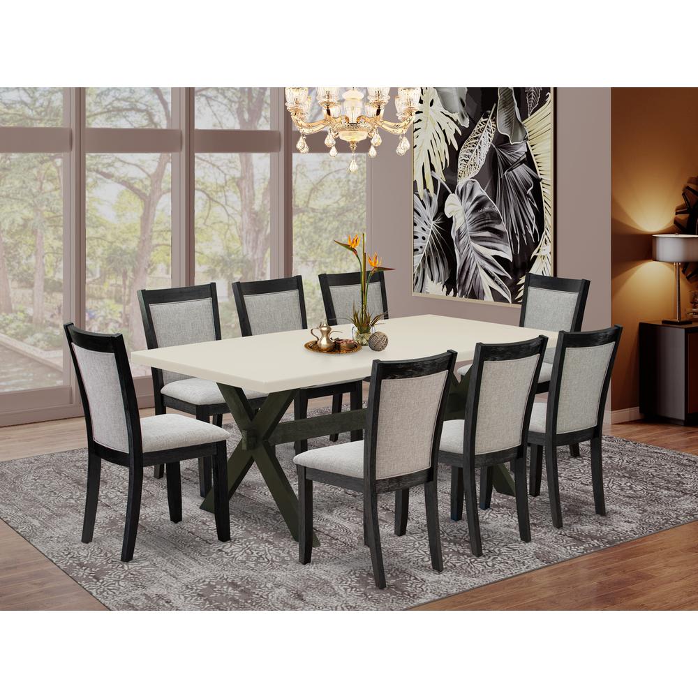 East West Furniture 9 Piece Table Set - A Linen White Top Mid Century Dining Table with Trestle Base and 8 Shitake Linen Fabric Upholstered Dining Chairs - Wire Brushed Black Finish. Picture 1