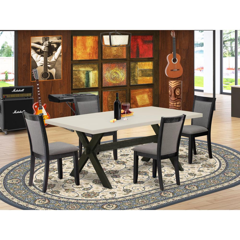 East West Furniture 5 Pc Dinner Table Set - Linen White Top Mid Century Dining Table with Trestle Base and 4 Dark Gotham Grey Linen Fabric Modern Dining Chairs - Wire Brushed Black Finish. Picture 1