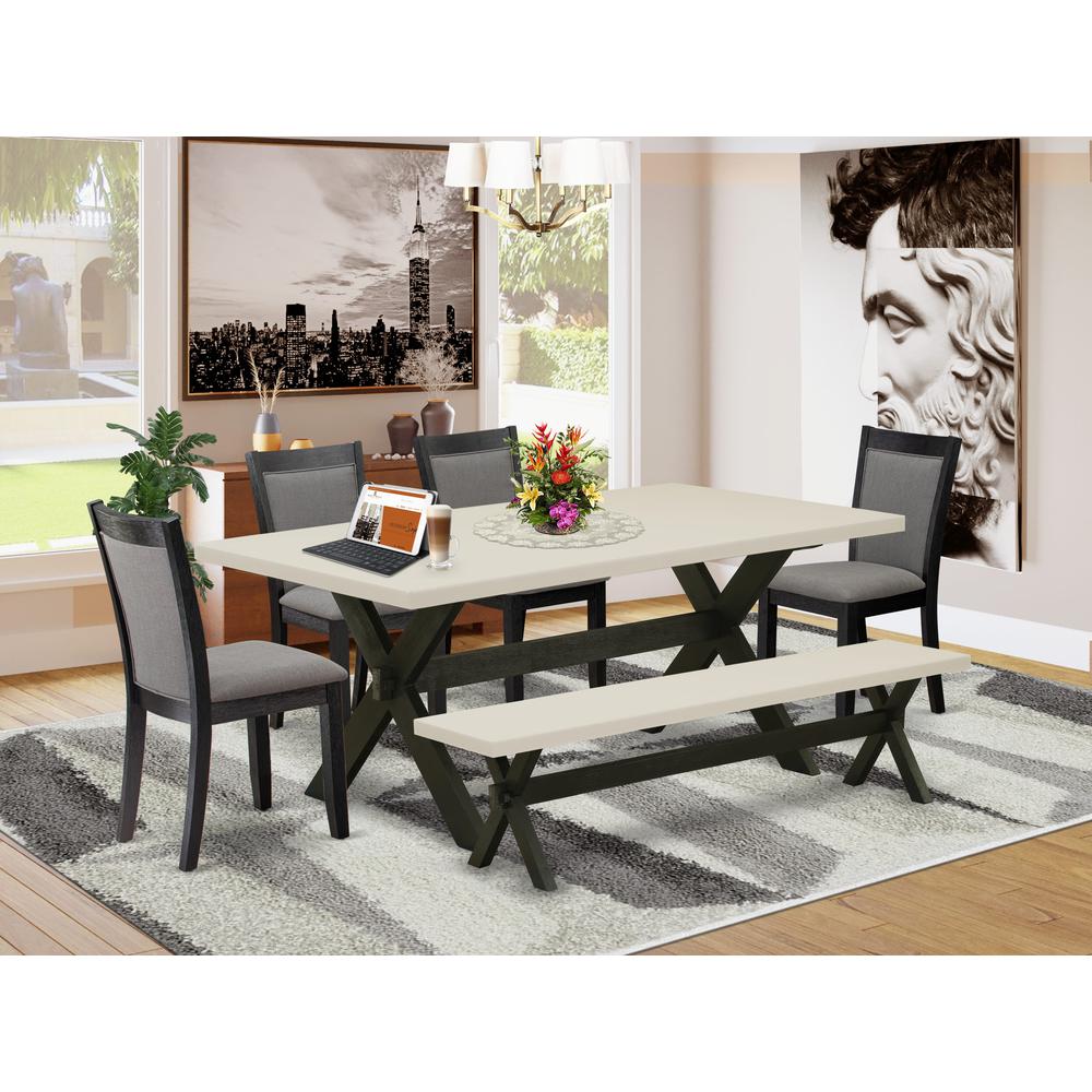 East West Furniture 6 Pc Table Set - Linen White Top Dinner Table with a Wood Bench and 4 Dark Gotham Grey Linen Fabric Upholstered Dining Chairs - Wire Brushed Black Finish. Picture 1