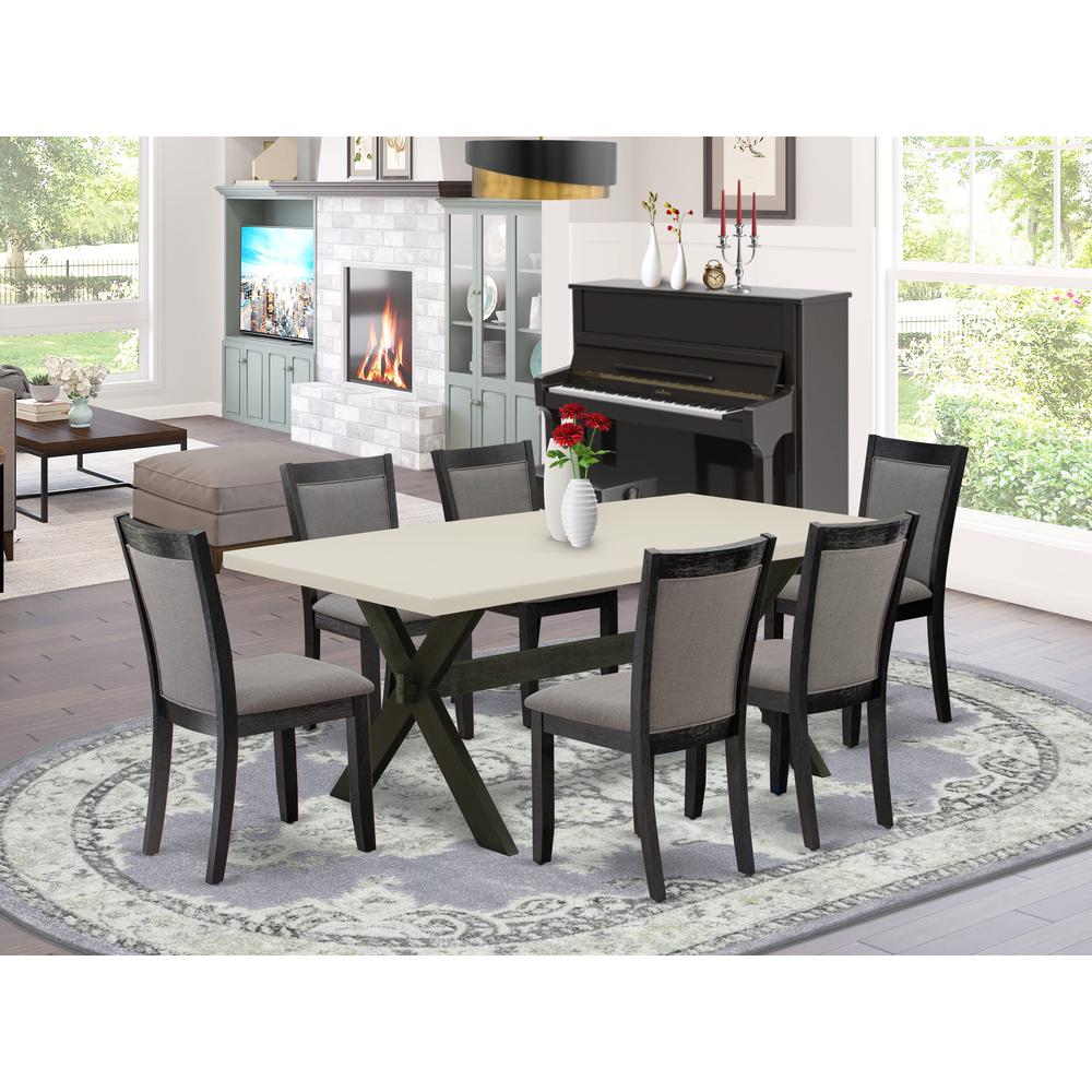 East West Furniture 7 Piece Kitchen Table Set - Linen White Top Mid Century Dining Table with Trestle Base and 6 Dark Gotham Grey Linen Fabric Dining Chairs - Wire Brushed Black Finish. Picture 1
