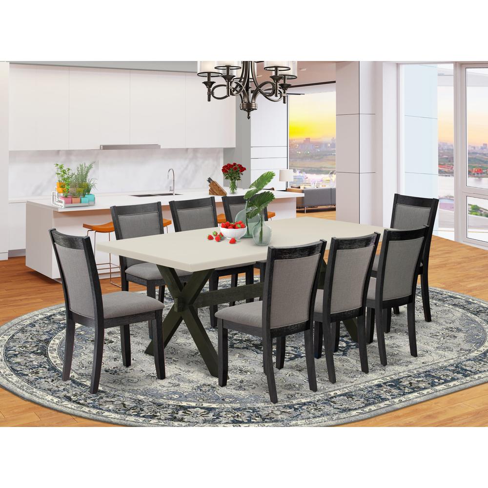 East West Furniture 9 Piece Dinner Table Set - A Linen White Top Dining Room Table with Trestle Base and 8 Dark Gotham Grey Linen Fabric Modern Dining Chairs - Wire Brushed Black Finish. Picture 1