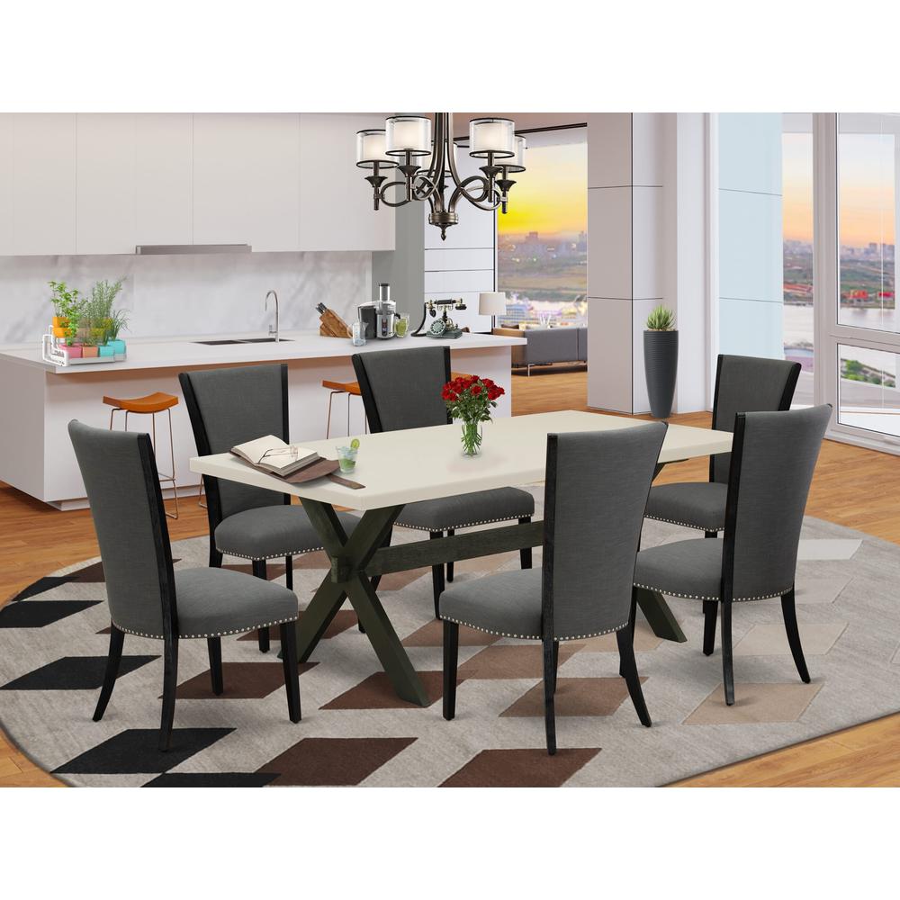 East West Furniture 7 Pc Modern Dining Set Consists of a Linen White Wooden Dining Table and 6 Dark Gotham Grey Linen Fabric Upholstered Chairs with High Back - Wire Brushed Black Finish. Picture 1