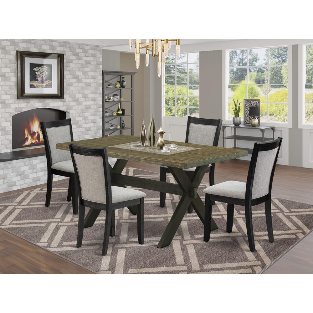 X676MZ606-5 5 Piece Dinette Set - Distressed Jacobean Table with 4 Shitake Linen Fabric Kitchen Chairs - Wire Brushed Black Finish. Picture 1