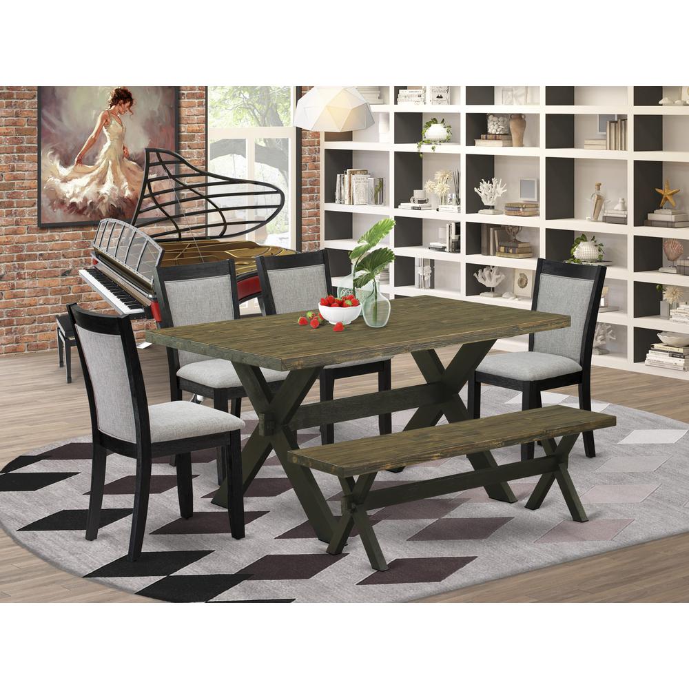 X676MZ606-6 6 Pc Dining Room Table Set - Distressed Jacobean Table with a Bench and 4 Shitake Chairs - Wire Brushed Black Finish. Picture 1
