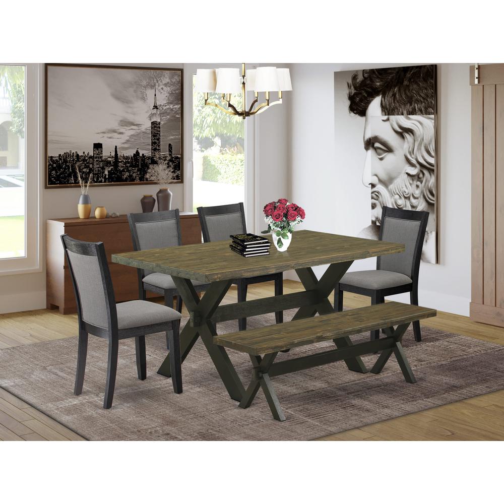 X676MZ650-6 6 Pc Dinette Set - Distressed Jacobean Table with a Bench and 4 Dark Gotham Grey Chairs - Wire Brushed Black Finish. Picture 1