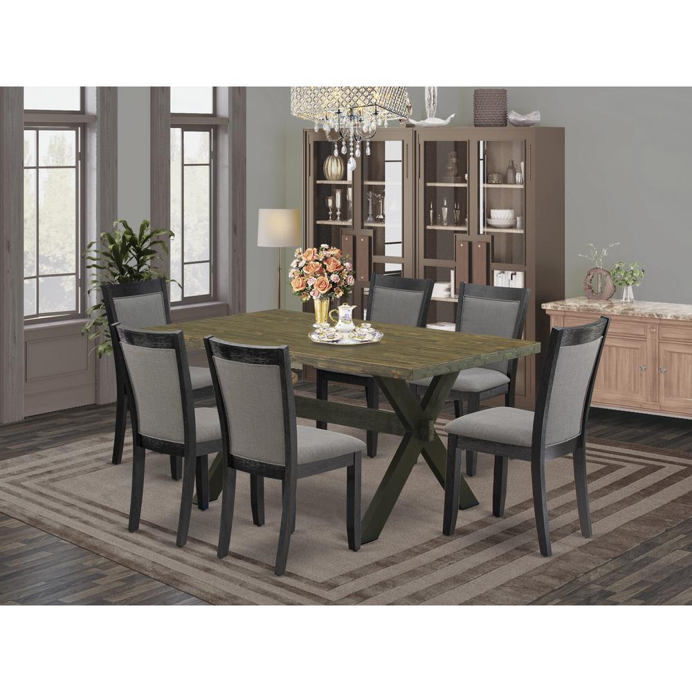 X676MZ650-7 7 Pc Dinette Set - Distressed Jacobean Kitchen Table with 6 Dark Gotham Grey Dining Chairs - Wire Brushed Black Finish. Picture 1