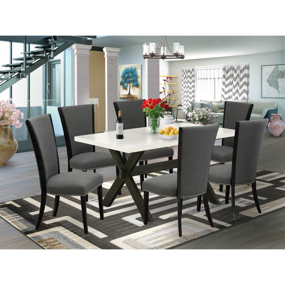 East West Furniture 7 Pc Dinette Set Includes a Distressed Jacobean Wood Table and 6 Dark Gotham Grey Linen Fabric Modern Dining Chairs with High Back - Wire Brushed Black Finish. Picture 1