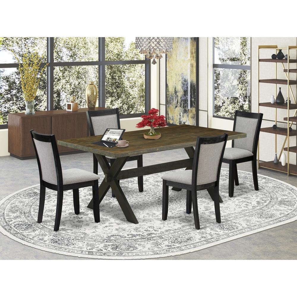 East West Furniture 5 Piece Dining Table Set - A Distressed Jacobean Top Modern Dining Room Table with Trestle Base and 4 Shitake Linen Fabric Kitchen Chairs - Wire Brushed Black Finish. Picture 1