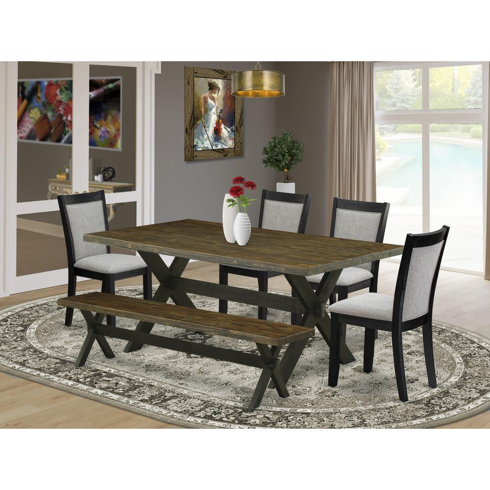 East West Furniture 6 Pc Dinner Table Set - Distressed Jacobean Top Modern Dining Table with a Kitchen Bench and 4 Shitake Linen Fabric Upholstered Chairs - Wire Brushed Black Finish. Picture 1