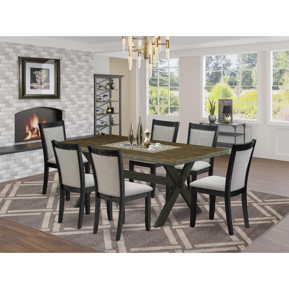 East West Furniture 7 Piece Dining Set - Distressed Jacobean Top Dinning Table with Trestle Base and 6 Shitake Linen Fabric Mid Century Dining Chairs - Wire Brushed Black Finish. Picture 1