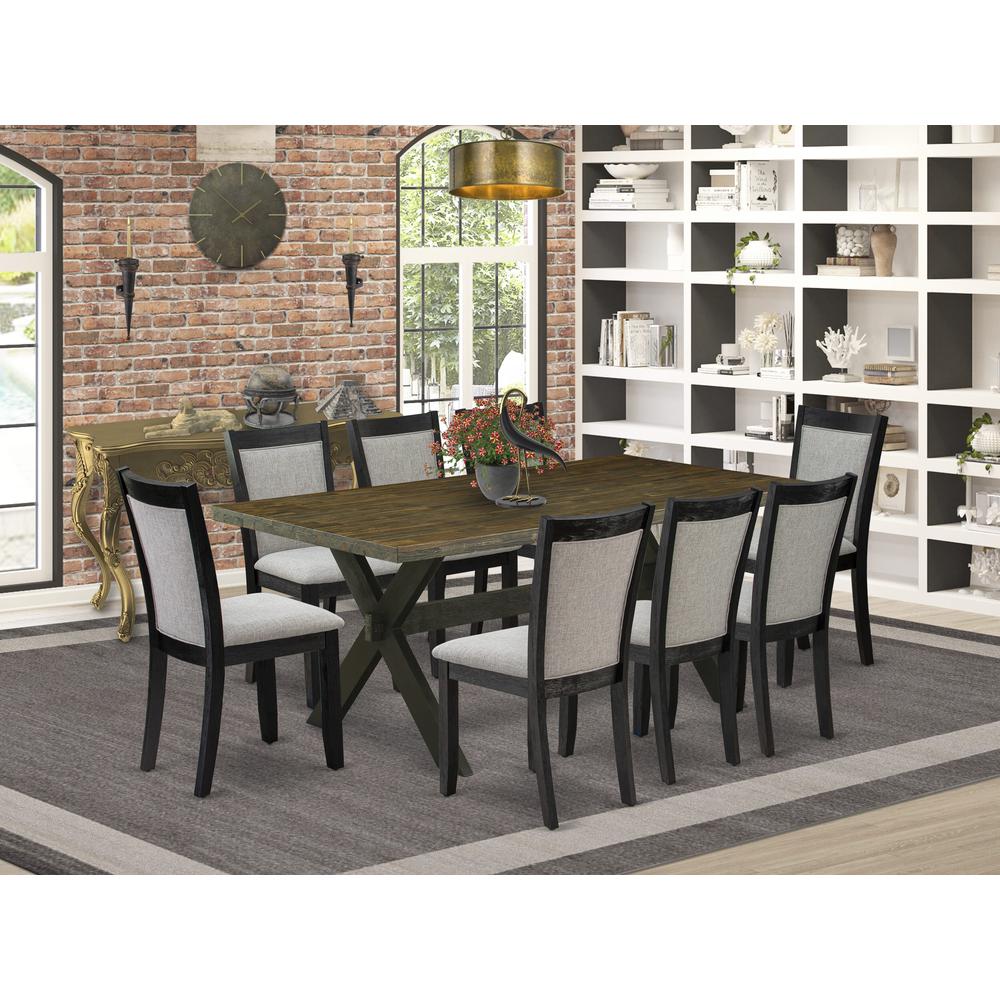 East West Furniture 9 Piece Dinette Set - A Distressed Jacobean Top Mid Century Dining Table with Trestle Base and 8 Shitake Linen Fabric Dining Room Chairs - Wire Brushed Black Finish. Picture 1