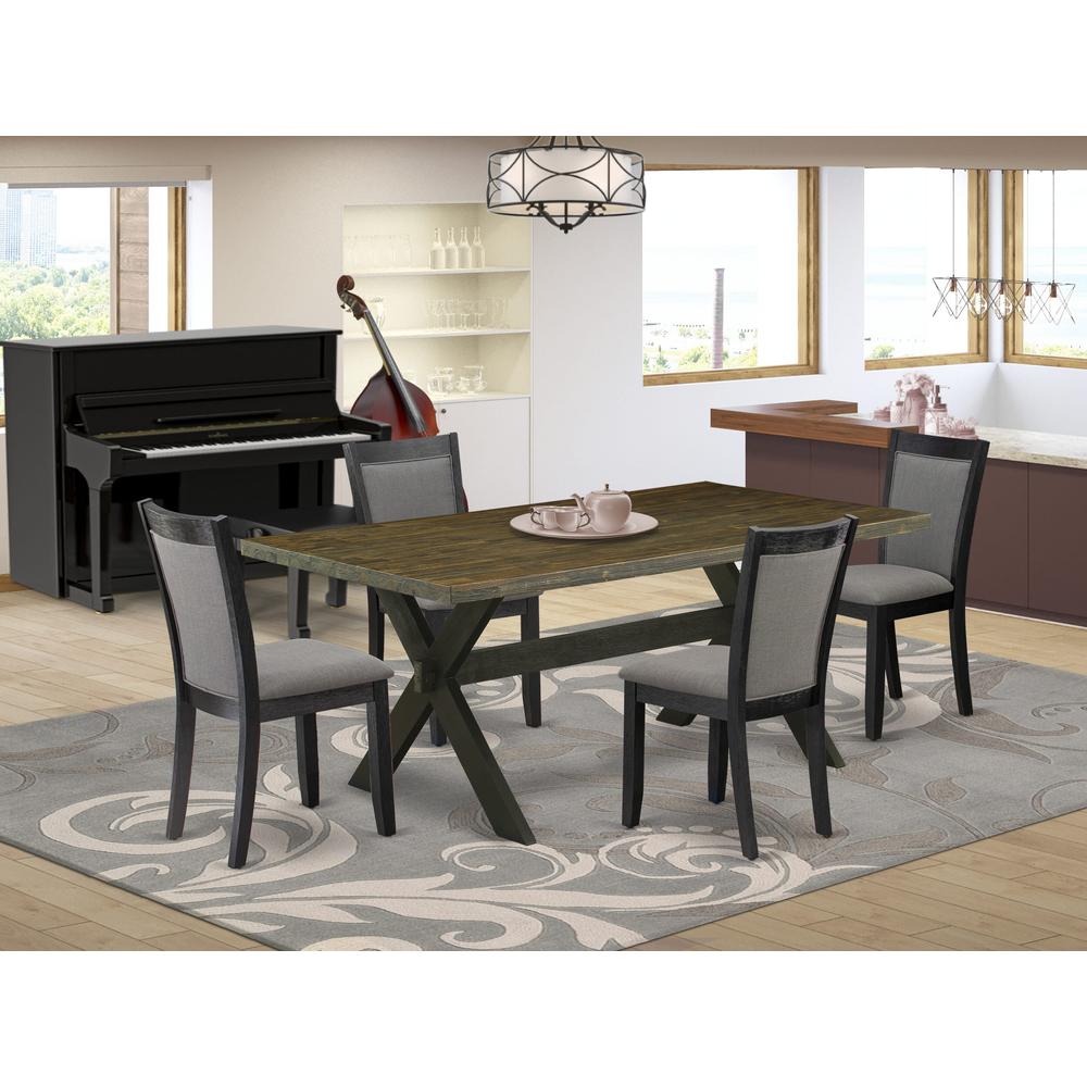 East West Furniture 5 Piece Dining Set - Distressed Jacobean Top Dining Table with Trestle Base and 4 Dark Gotham Grey Linen Fabric Upholstered Dining Chairs - Wire Brushed Black Finish. Picture 1
