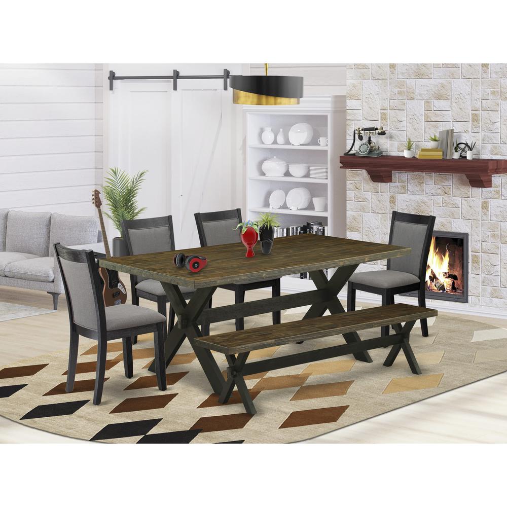 East West Furniture 6 Pc Dining Set - Distressed Jacobean Top Dinning Table with a Rustic Bench and 4 Dark Gotham Grey Linen Fabric Upholstered Chairs - Wire Brushed Black Finish. Picture 1
