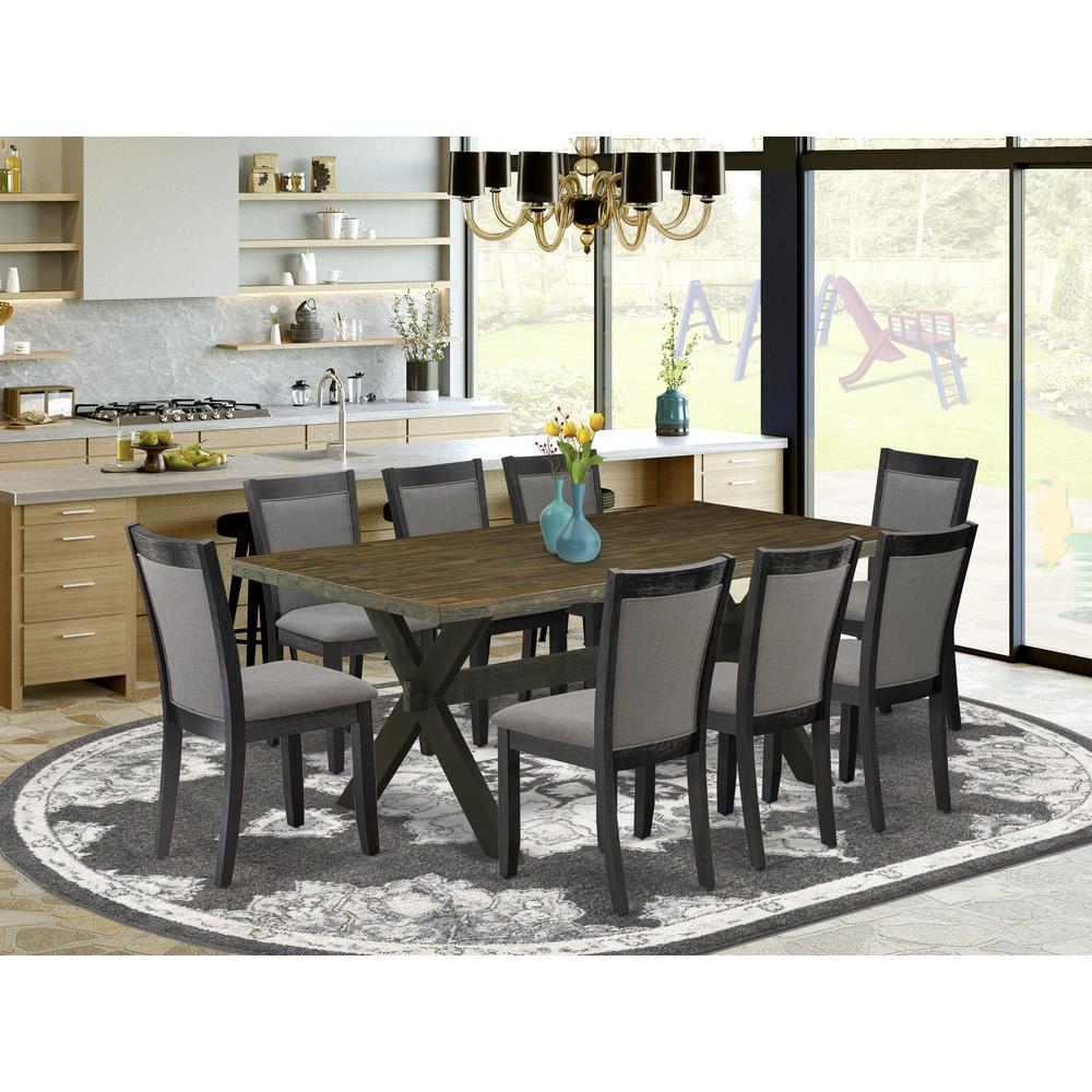 East West Furniture 9 Piece Dinette Set - A Distressed Jacobean Top Dining Table with Trestle Base and 8 Dark Gotham Grey Linen Fabric Dinning Chairs - Wire Brushed Black Finish. Picture 1