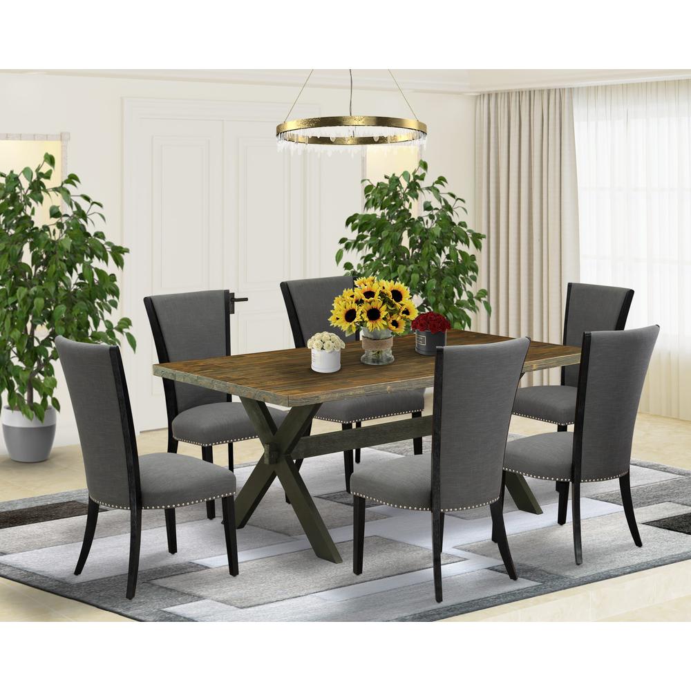 East West Furniture 7 Pc Dining Set Contains a Distressed Jacobean Modern Dining Table and 6 Dark Gotham Grey Linen Fabric Parson Dining Chairs with High Back - Wire Brushed Black Finish. Picture 1