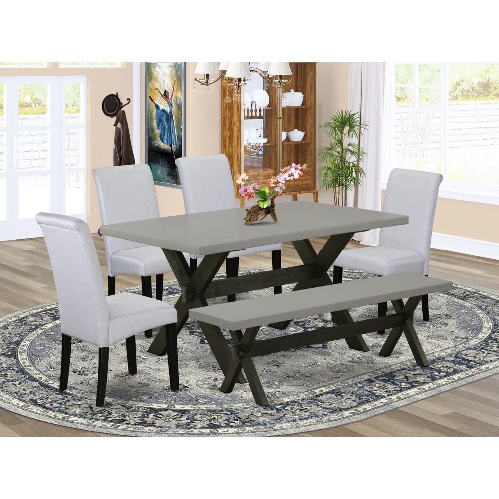 East West Furniture 6 Pc Dinner Table Set Consists of a Cement Dining Table and a Dinning Bench, 4 Grey Linen Fabric Upholstered Dining Chairs with High Back - Wire Brushed Black Finish. Picture 2