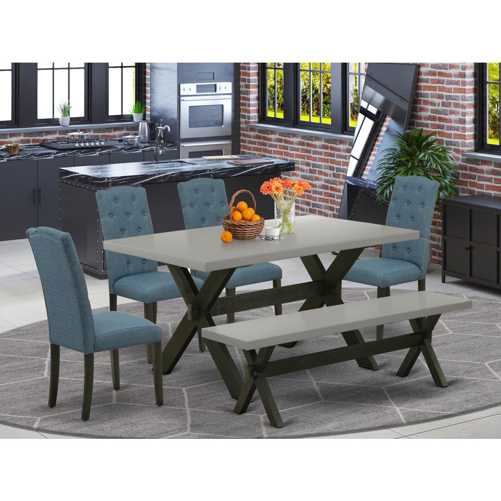 East West Furniture 6 Piece Table Set Includes a Cement Wooden Dining Table and a Dining Room Bench, 4 Blue Linen Fabric Dining Chairs with Button Tufted Back - Wire Brushed Black Finish. Picture 1