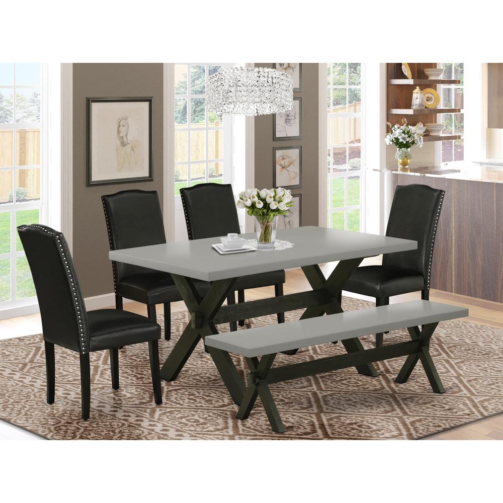East West Furniture 6 Pc Dining Room Table Set Includes a Cement Wooden Dining Table and a Modern Bench, 4 Black PU Leather Parson Chairs with High Back - Wire Brushed Black Finish. Picture 1