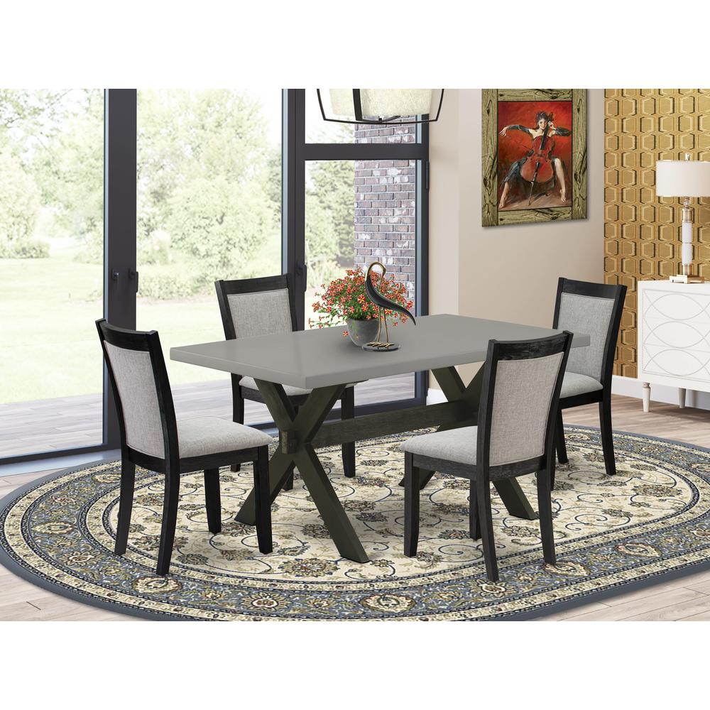 East West Furniture 5 Piece Dining Set - Cement Top Mid Century Modern Dining Table with Trestle Base and 4 Shitake Linen Fabric Kitchen Chairs - Wire Brushed Black Finish. Picture 1