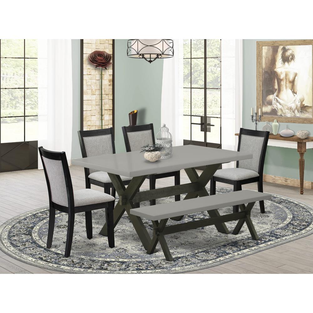East West Furniture 6 Piece Kitchen Table Set - A Cement Top Kitchen Table with Small Wood Bench and 4 Shitake Linen Fabric Upholstered Wooden Dining Chairs - Wire Brushed Black Finish. Picture 1