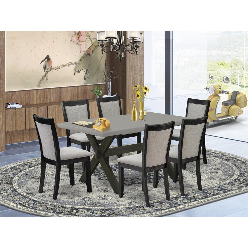 East West Furniture 7 Piece Dining Room Set - A Cement Top Wood Dining Table with Trestle Base and 6 Shitake Linen Fabric Wood Dining Chairs - Wire Brushed Black Finish. Picture 1