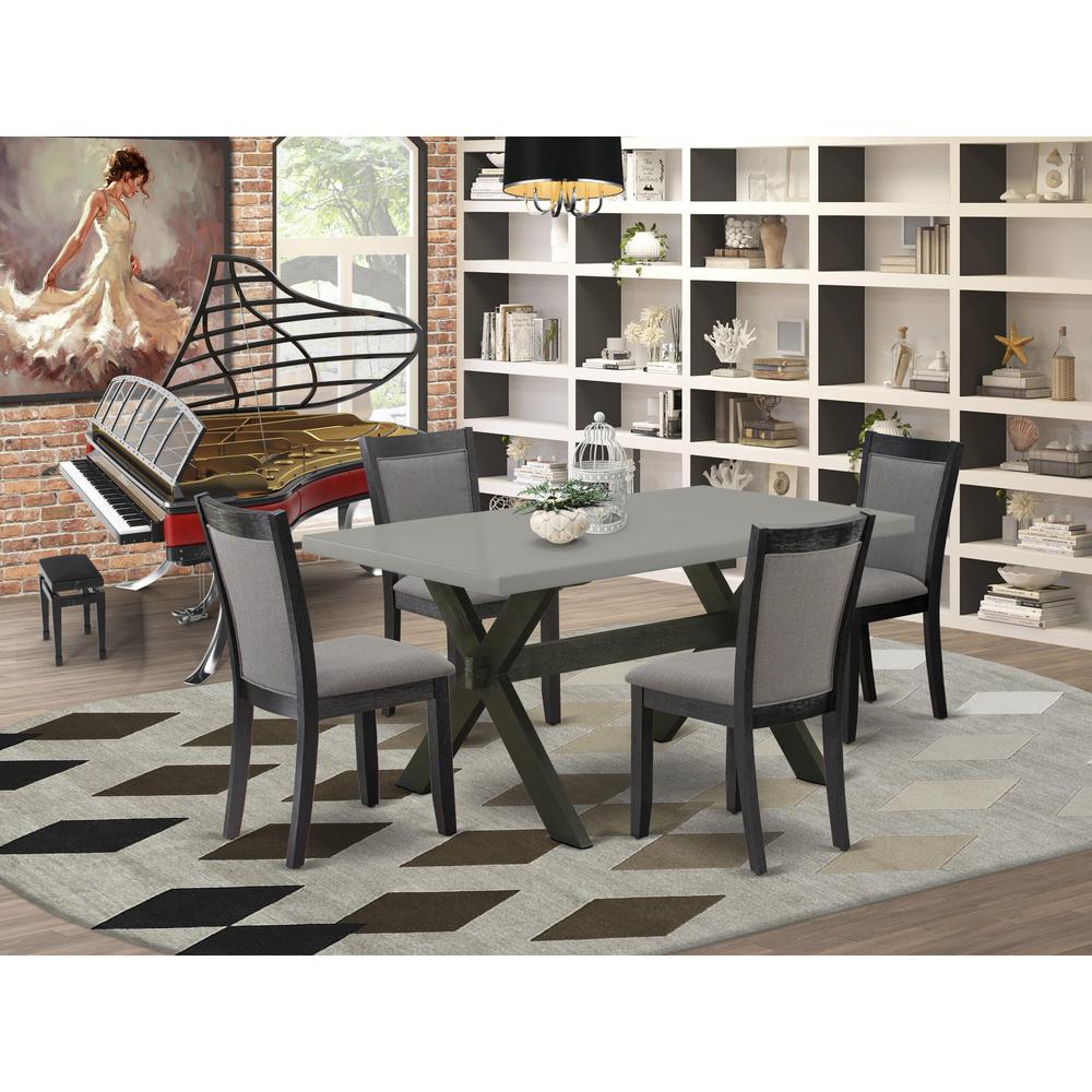 East West Furniture 5 Piece Modern Dining Set - A Cement Top Kitchen Table with Trestle Base and 4 Dark Gotham Grey Linen Fabric Dining Chairs - Wire Brushed Black Finish. Picture 1