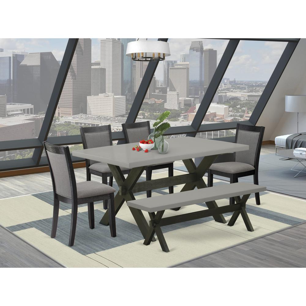 East West Furniture 6 Piece Modern Dining Set - A Cement Top Wood Dining Table with a Bench and 4 Dark Gotham Grey Linen Fabric Upholstered Dining Chairs - Wire Brushed Black Finish. Picture 1