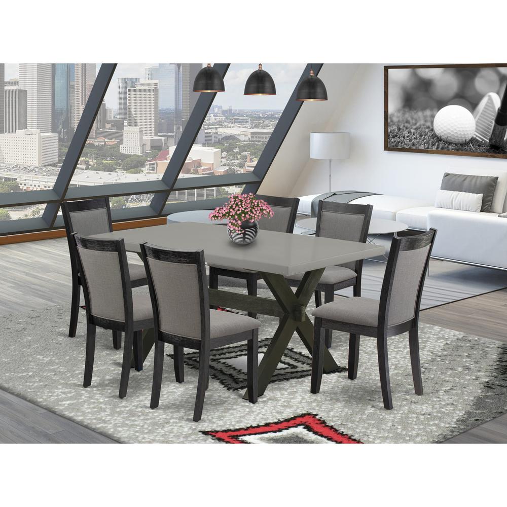 East West Furniture 7 Piece Dining Room Table Set - A Cement Top Mid Century Dining Table with Trestle Base and 6 Dark Gotham Grey Linen Fabric Parson Chairs - Wire Brushed Black Finish. Picture 1