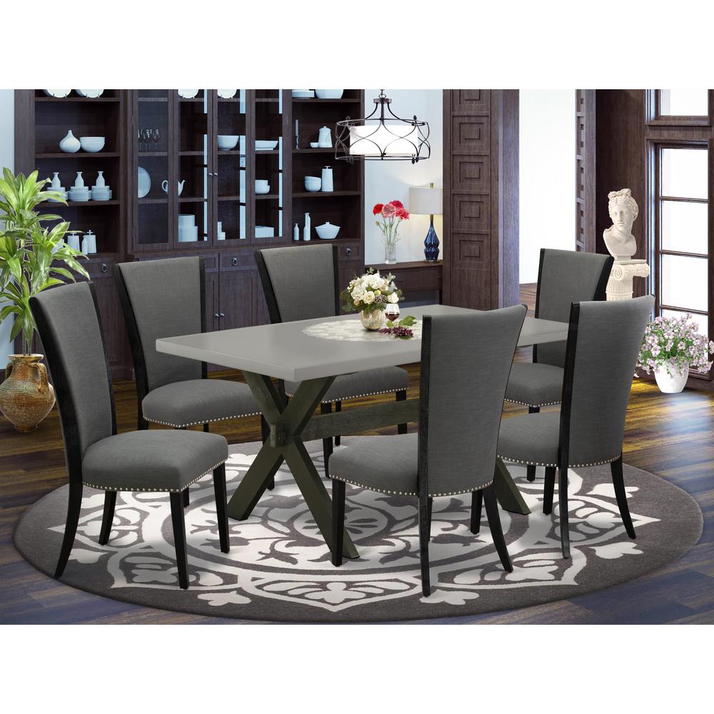 East West Furniture 7 Piece Modern Dining Table Set Consists of a Cement Wooden Dining Table and 6 Dark Gotham Grey Linen Fabric Kitchen Chairs with High Back - Wire Brushed Black Finish. Picture 1