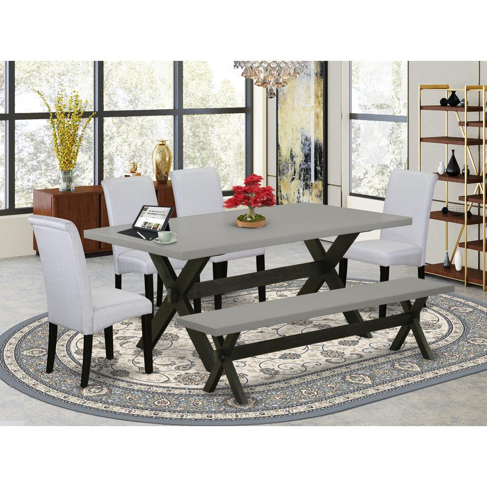 East West Furniture 6 Piece Dining Room Table Set Contains a Cement Dining Table and a Dinning Bench, 4 Grey Linen Fabric Upholstered Chairs with High Back - Wire Brushed Black Finish. Picture 1