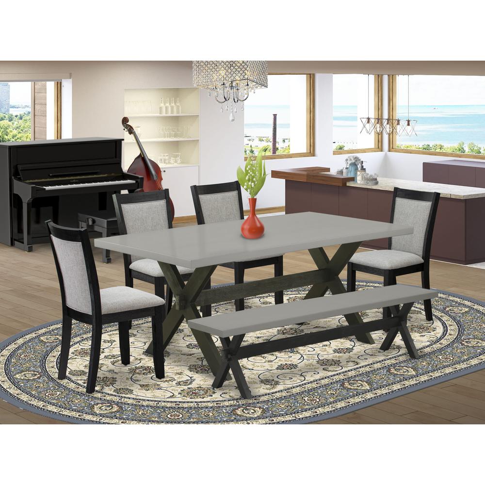 East West Furniture 6 Pc Dining Room Set - Cement Top Dining Table with a Wood Bench and 4 Shitake Linen Fabric Upholstered Kitchen Chairs - Wire Brushed Black Finish. Picture 1