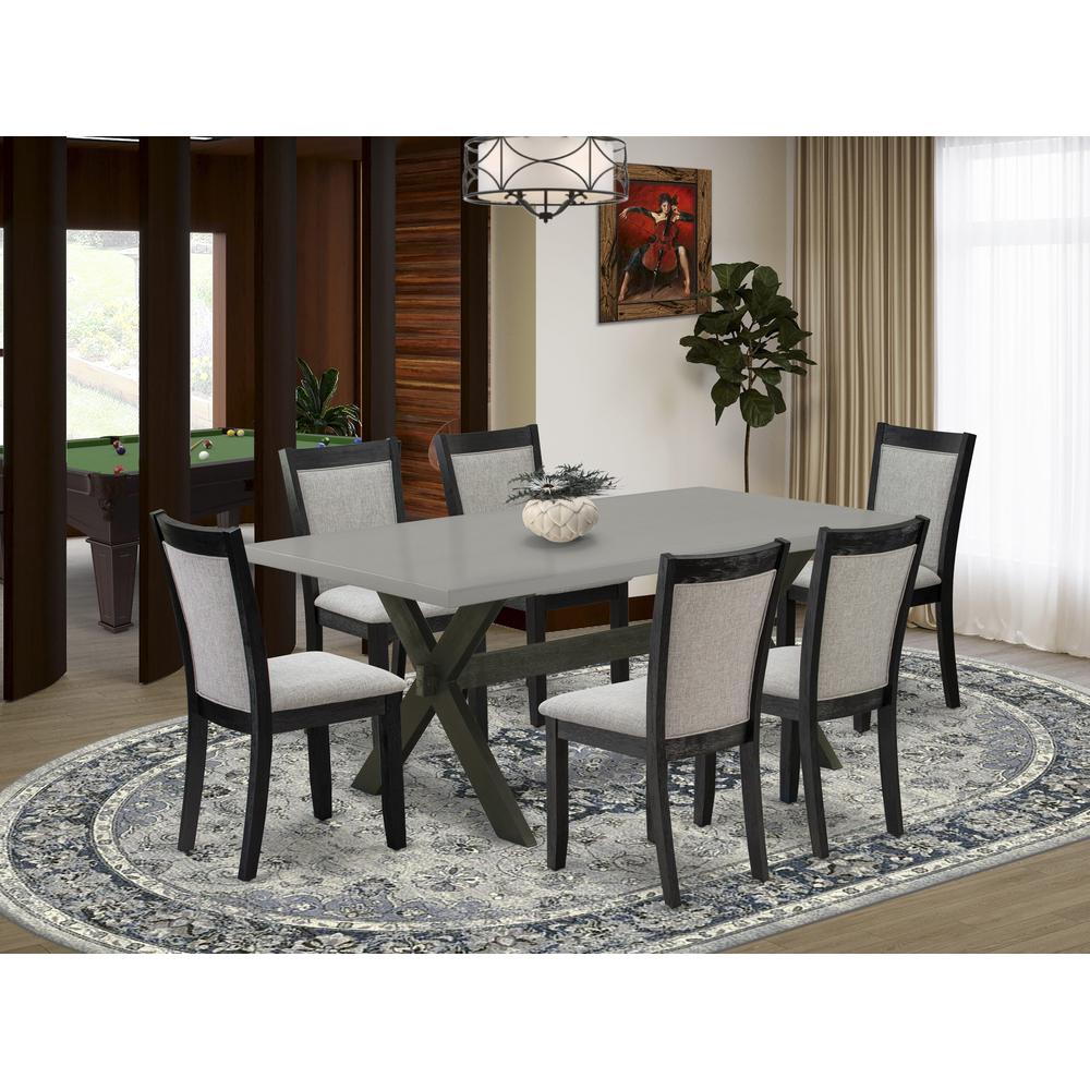 East West Furniture 7 Piece Mid Century Modern Dining Set - Cement Top Wooden Dining Table with Trestle Base and 6 Shitake Linen Fabric Dining Room Chairs - Wire Brushed Black Finish. Picture 1